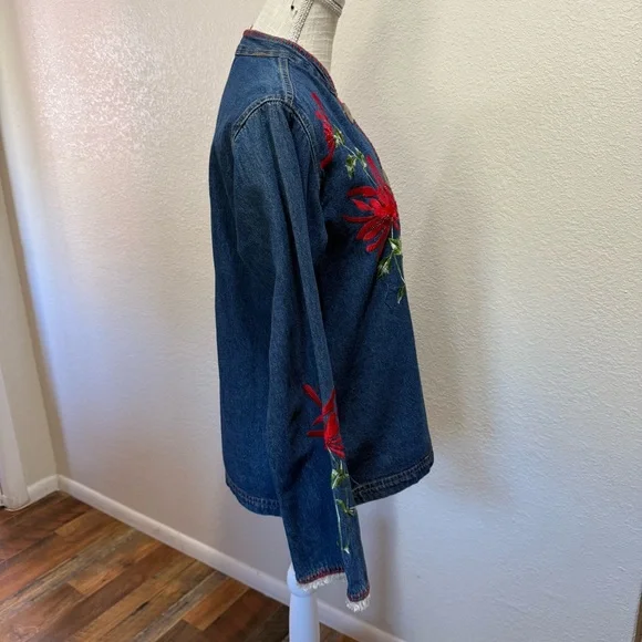 Carrie Allen - Embroidered Denim Jacket with Red Floral Accents - Size Large - Picture 5 of 15